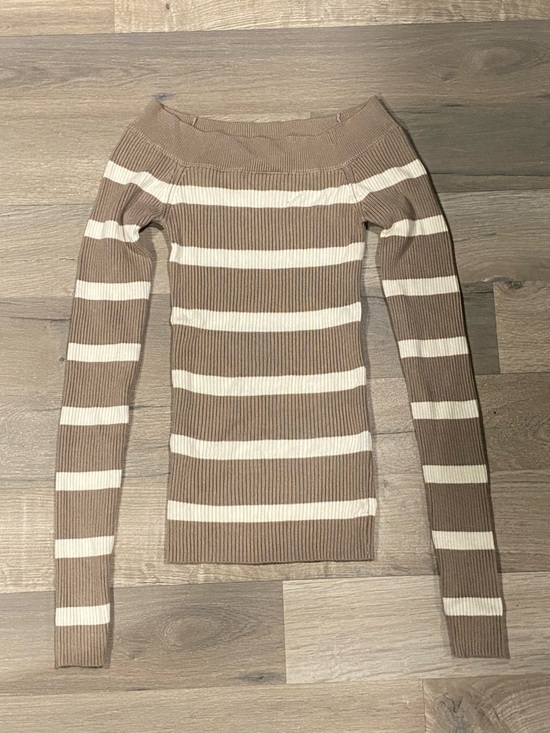 Bluenotes Sweaters - Bluenotes Taupe and White Striped Off-Shoulder Sweater
